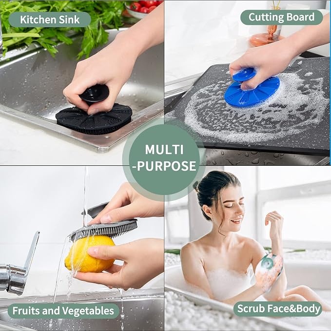 Silicone Dish Scrubber, Non-Scratch Scrub Spong for Washing Dish, Pot, Pan | Kitchen Silicone Sponge, Fruit & Vegetable Cleaning Brush, Reusable Dishwashing Scrubber, Suction Up Hang Designed, 3 Pack