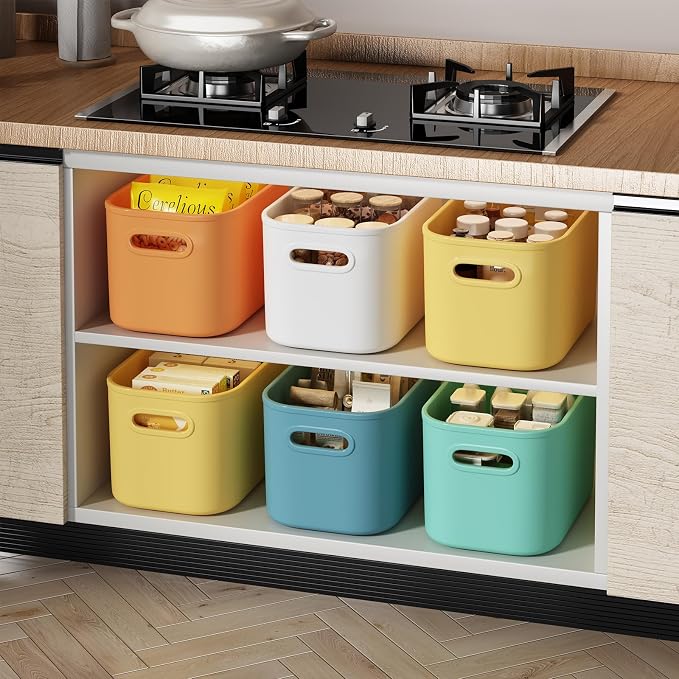 ORGIDOL 10 Pack Colorful Plastic Storage Bins, Storage Container for Organizing, Colored Storage Boxes with Handle for Shelves, Cute Organizer Bins for Craft, Snacks, Cabinet, 9.69x6.7x5.7 inch