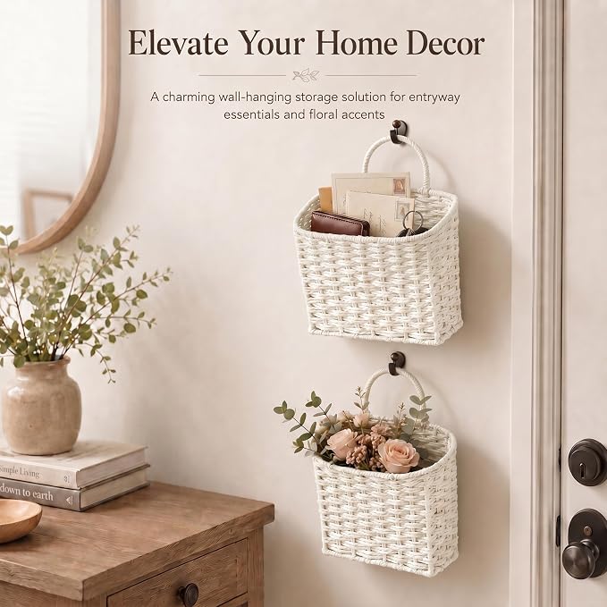 Coeusy Set of 2 Wicker Hanging Basket,Paper Roper Wall Basket,Beige White | Rattan Baskets for Front Door, Mail, Flowers,Entryway,Nursery Wall Decor Storage