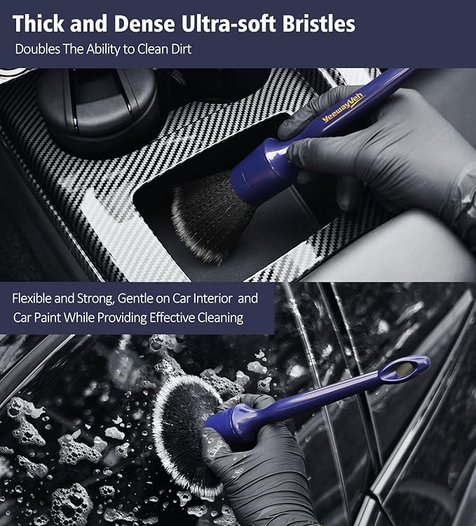 YeewayVeh 3PCS Car Detailing Brush Set, Ultra Soft, Indigo/Black | No Scratch Thick Detail Brushes for Dashboard, Air Vents, Leather Seat & Dusting, Interior/Exterior Car Detailing, 3 Sizes