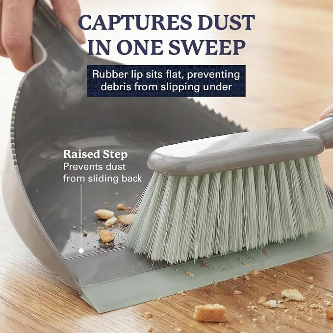 Farberware Dust Pan and Brush Set, 2-Piece, Handheld | Rubber lip traps debris, soft grip handle, flexible bristles, compact, lightweight, for kitchen crumbs and cat litter