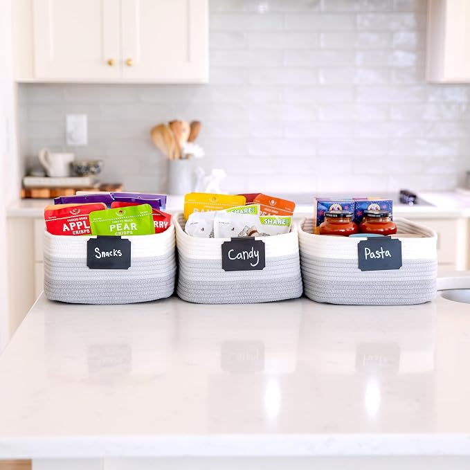 Woven Rope Baskets for Organizing, 3 Pack, 15.5 x 11 x 5.5" Storage Bins | Storage baskets and organizer bins for shelves, pantry, closet storage, toy organizer, bathroom storage, nursery, towels
