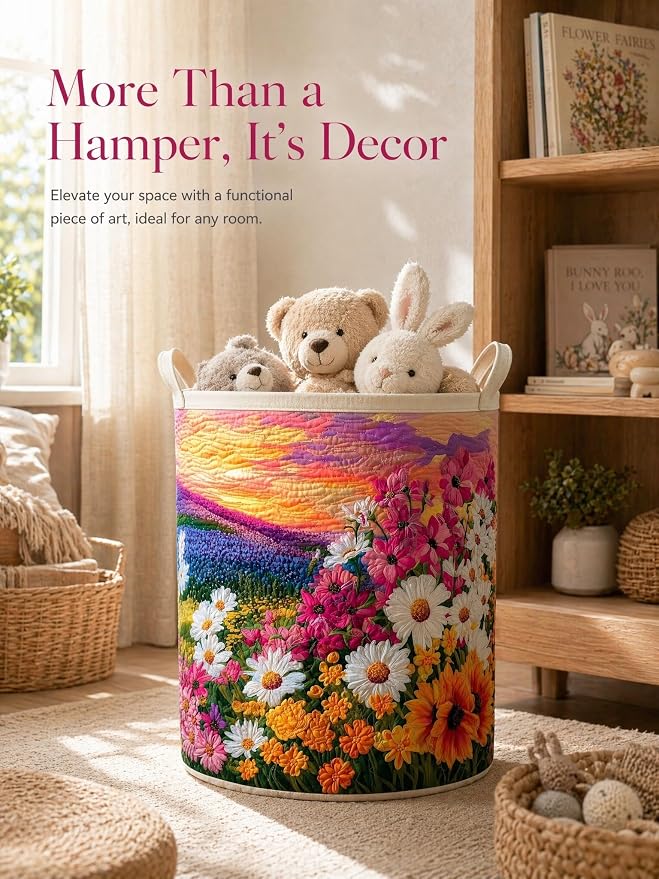 Quilted Laundry Basket with Handles, Boho Floral Quilted Storage Hamper, Large Capacity Laundry Hamper for Nursery Bedroom Laundry Room Home Decor (Pattern 01, Small (18"H x 14"W x 14"L))
