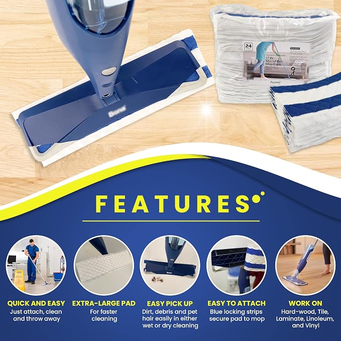 24-Pack Disposable Microfiber Pads for 16-18" Flat Mop, for Bona/Rubbermaid | Wet & Dry Dusting Refills for 16-18 Inch Hook & Loop System Mops – Compatible with Bona, Rubbermaid, Turbo & Norwex