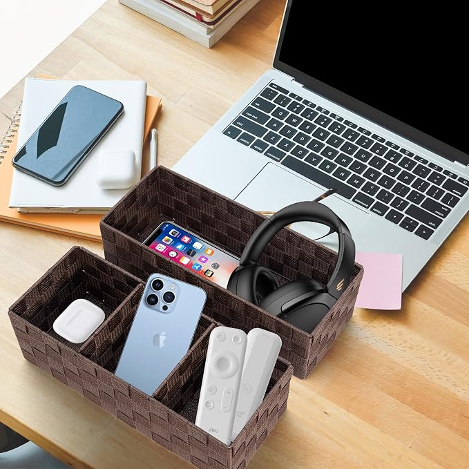 Set of 7 Nested Woven Cube Baskets, Drawer Organizers in Multi-sizes | Ribbon Checker Storage Bins for Organizing Desk, Dresser, Kitchen, Pantry