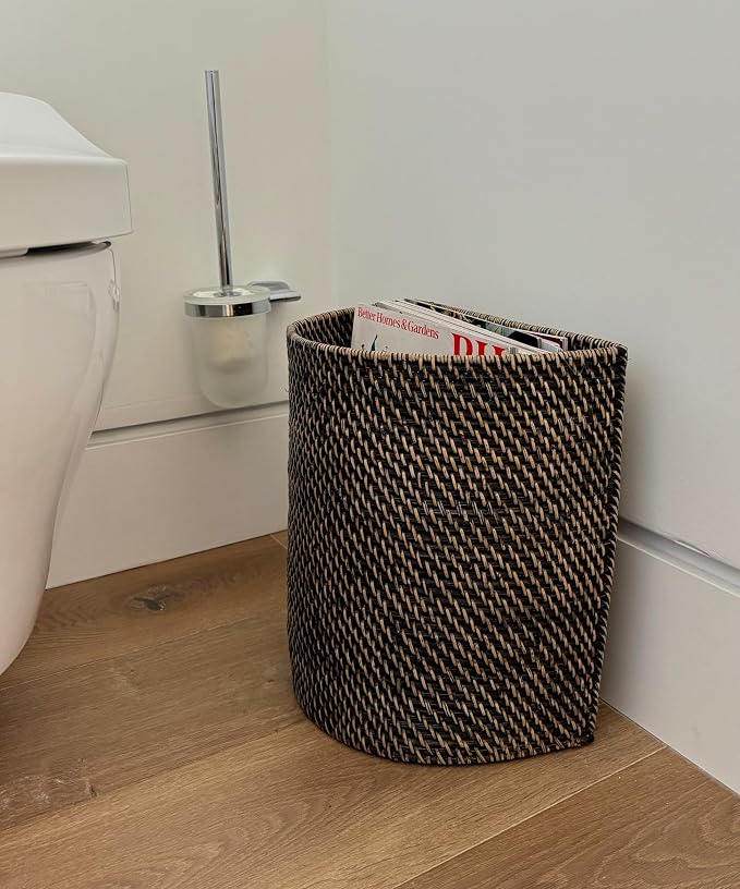 KOUBOO Half-Moon Rattan Waste Basket, Wicker Trash Can, Indoors, Black Wash | Handwoven natural texture, space-saving half-moon shape, lightweight design, ideal for paper and dry household waste
