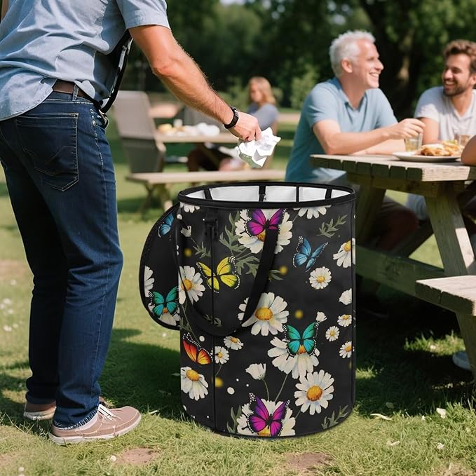 Daisy Butterfly Print 24 Gallon Garden Waster Bags with Lid and Handles Reusable Lawn Garden Bags Collapsible Trash Can for Camping Outdoor Picnics