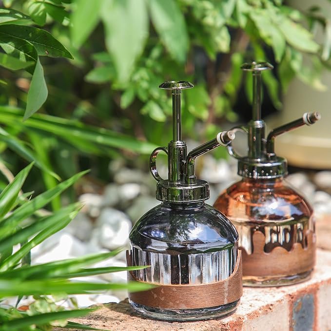 OFFIDIX Glass Plant Mister, Spray Bottle with Vintage Bronze Plastic Pump | Vintage Style Spritzer, Indoor Plant Spray Bottle, 6.3" Tall, 200ml/6.7oz, Small One Hand Watering Can for Garden Cleaning