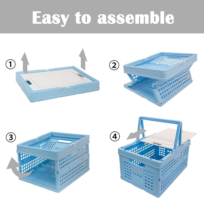 Foldable Small Plastic Baskets with Lids and Handles for Organizing,Collapsible Storage Crates, Stackable Bins for Home Kitchen Bedroom Bathroom Office (Blue, 14 * 10 * 7)