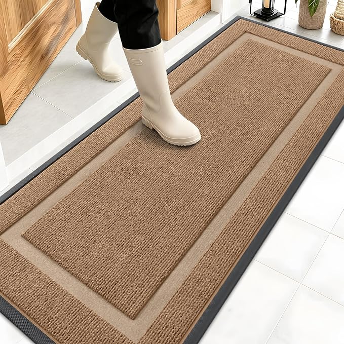 OLANLY Front Door Mat Outside 59x20, All-Season Heavy-Duty Rubber Doormat | Light Brown, Absorbent, Stain Fade Resistant, Waterproof Non-Slip Backing, Low-Profile Indoor Outdoor Floor Mat for Entryway