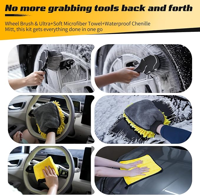 Ordenado 15° Curved Car Wash Brush with Long Handle, Car Wash Mop Kit | 43" Microfiber Scratch-Free Car Cleaning Supply with Replaceable Head, Chenille Mitt, Drying Towel, Wheel Brush for RV Truck