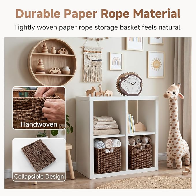 StorageWorks 9 inch Cube Storage Bins, Wicker Baskets for Storage, Brown | 2-Pack, Handwoven Wicker Storage Cubes,Paper Rope Square Cube Organizer Bins,Foldable,Baskets for Organizing,9x9 Storage Cube