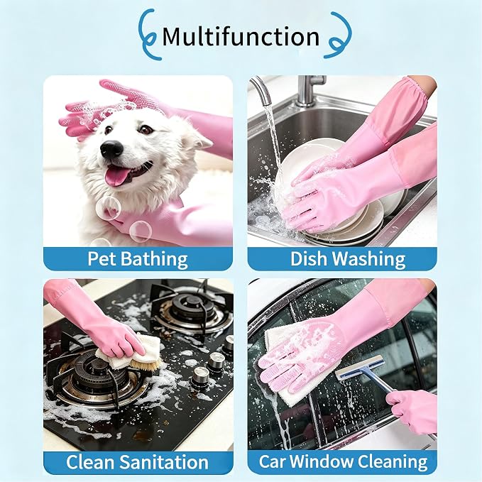 Long Sleeve Dog & Cat Washing Gloves, Pet Bathing Grooming Tool (Gray)