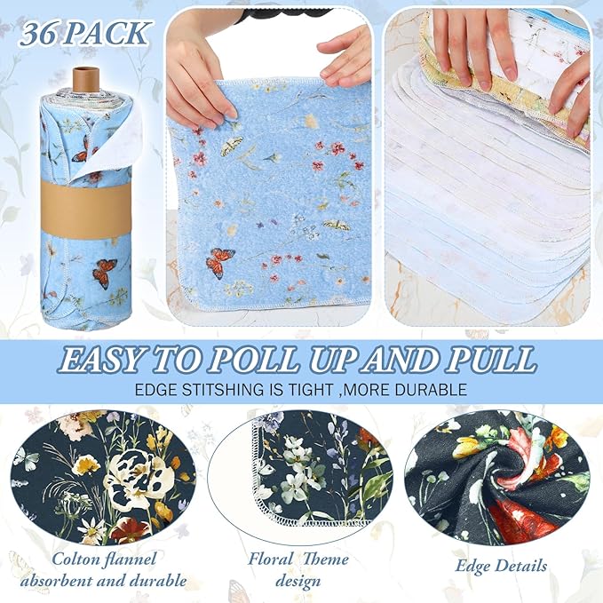 Reusable Kitchen Cloths Cotton Towel, 36 Pack, Rich Flowers | Washable 9.84x11.81in, Paperless Towel Rolls Bulk, Cleaning Cloth Napkins for Dishes