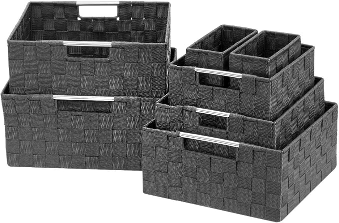 Sorbus Baskets for Organizing, 7-Piece Hand-Woven Storage Set (Grey) | Mesh organizers with handles keep linens and accessories sorted on closet shelves; seven-piece variety fits many spaces.