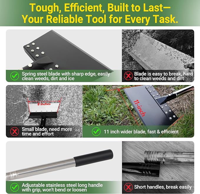 Weed Scraper 65 Inch Garden Flat Shovel with 11in Spring Steel Blade | Heavy Duty Multi Weeding Shovel with Long Handle Floor Scraper for Ice, Snow, Weed, Dirty, Moss, Driveway, Lawn Edging