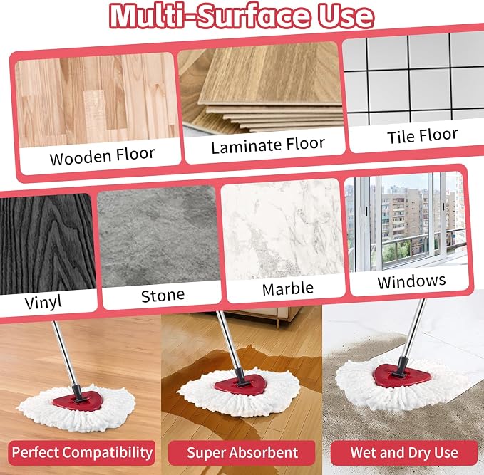 Spin Mop Replacement Head, Brush, Handle, Base for O Cedar 1 Tank System | 2 Microfiber Mops Refills, 2 Scrub Brush Replace Head, 2 Mop Pads, Mop Base, Mop Handle Complete Set for Home, Shower, Office