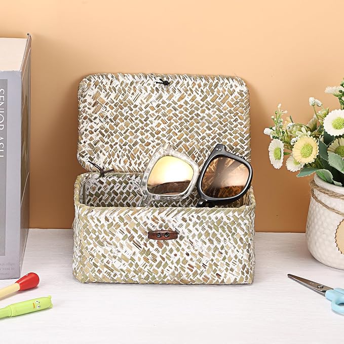 Hipiwe Mini Seagrass Shelf Basket with Lid Decorative Woven Box, 7x4.3x3.3" | Wicker Storage Bins for Shelf Home Decor, Multipurpose Desktop Basket Organizer for Keys Remote Control, Whitewash