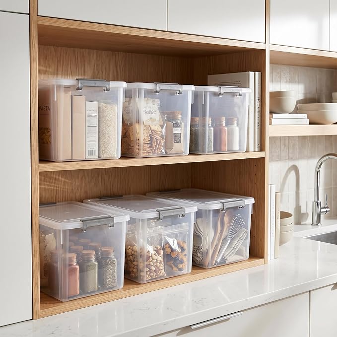 Citylife 32 QT Plastic Storage Bins with Latching Lids Stackable Storage Containers for Organizing Large Clear Storage Box for Garage, Closet, Kitchen, 4 Packs