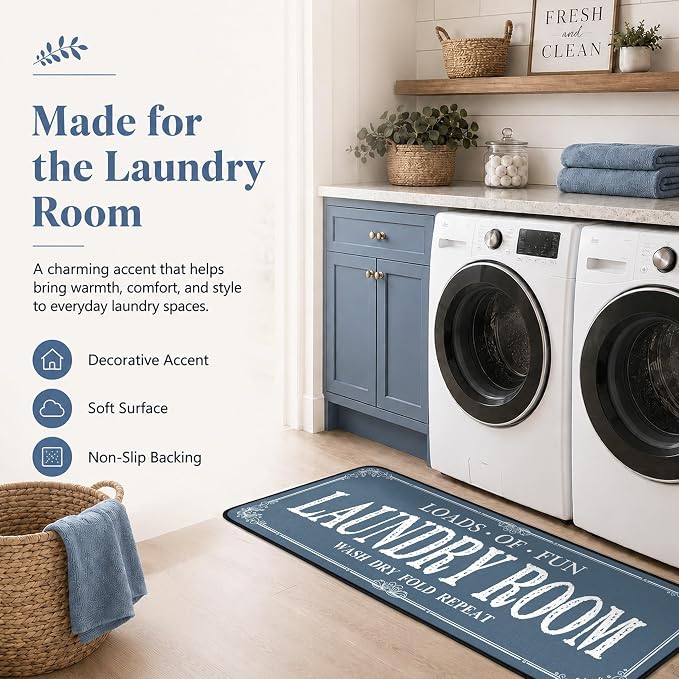 ROMAMIGO Laundry Room Rug Runner Non Slip Laundry Mats Mudroom Runner Farmhouse Kitchen Floor Mat Bathroom Laundry Room Decor Accessories(Blue, 20 X 47 inch)