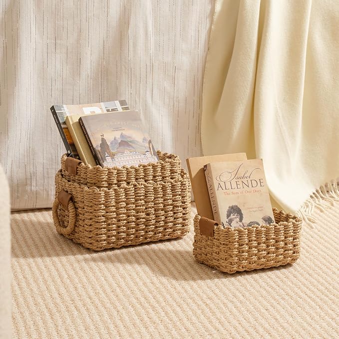 LA JOLIE MUSE Small Wicker Baskets for Organizing, Desert 3 Pack | Decorative Organizer with Vegan Leather Tag, Round Handle, Storage Baskets for Shelves, Bedroom, Kitchen, Office and Home