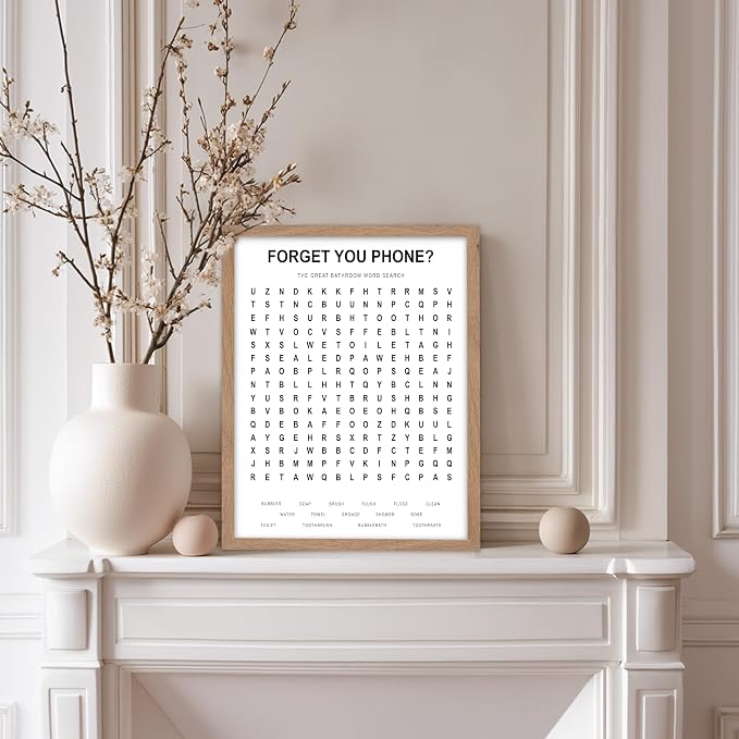 Poster Master 2-Piece Forget Your Phone Print - The Great Bathroom Word & Way Search Poster - Guest Bath Decor - Black & White Design - Powder Room Decor - Fun Restroom Sign - 8x10 Beige Framed