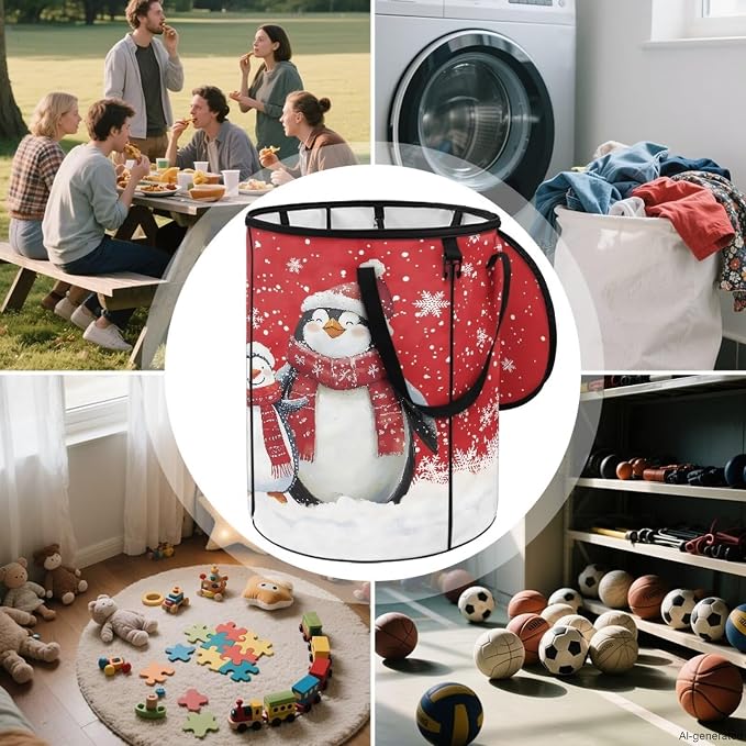 Christmas Penguin 24 Gal Collapsible Trash Can Waterproof Pop-Up Pop up Trash Can for Camping Backyard & Car Travel Easy to Clean Outdoor Garbage Bin Reusable Camping Essentials