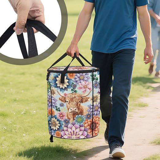 BIGCARJOB Boho Floral Big Trash Can with Lid, 22.83x17.71, Outdoor Recycling Bin Large Trash Can Outside Garbage Storage Bag for Camping Travel Beach, Highland Cow