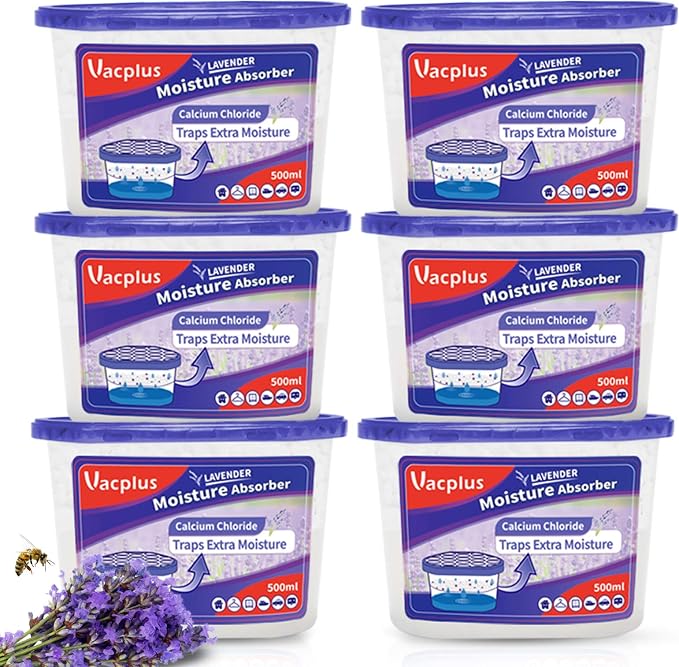 Vacplus Moisture Absorber, 10.5 OZ, Strong Absorption, Lavender | Closet, Bathroom, Car, Odor Eliminator, Dehumidifier Bucket, 6 Pack