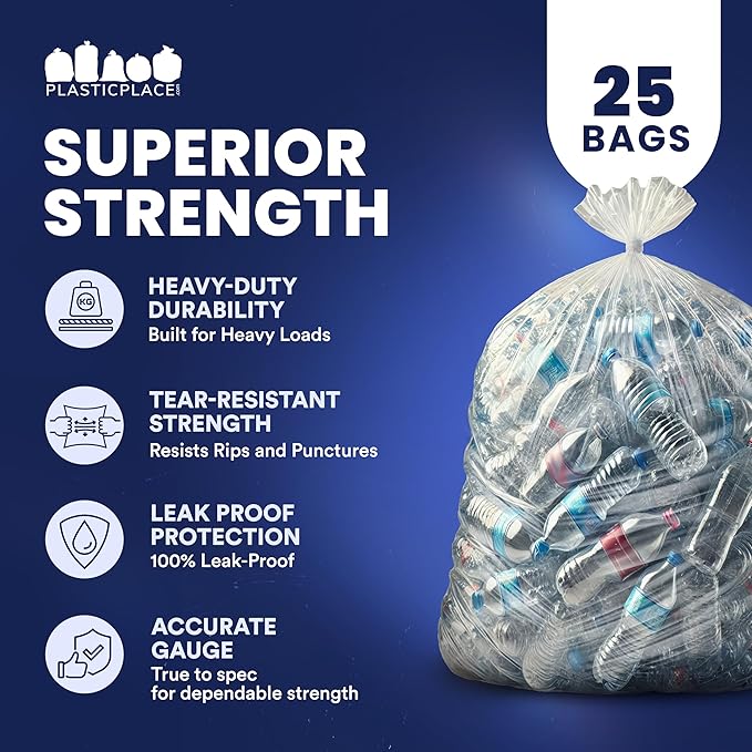 Plasticplace 95-96 gallon Garbage Can Liners │ 2 Mil │ Clear Heavy Duty Trash Bags │ 61” X 68” (25Count)