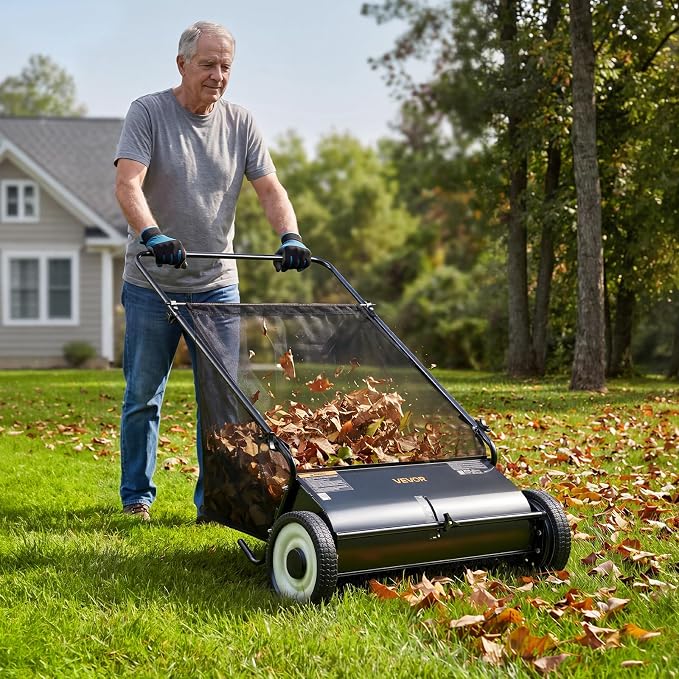 VEVOR Push Lawn Sweeper 26 Inch Leaf & Grass Collector Strong Rubber Wheels | 7 Cu. Ft. Hopper Bag, 4 Spinning Brushes, Adjustable Brush Height, Yard Sweeper for Leaves, Grass Clippings & Pine Needles