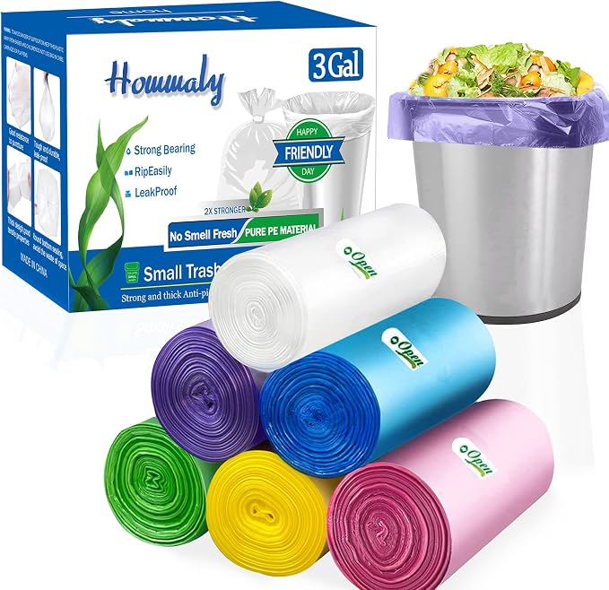 3 Gallon 300pcs Multicolr small Trash Bags Strong Garbage Bags, Bathroom mini Trash Can Bin Liners, Small Plastic Bags for office, waste basket liner, fit 12 Liter,2.6,3,3.2Gal（Multicolr 300）