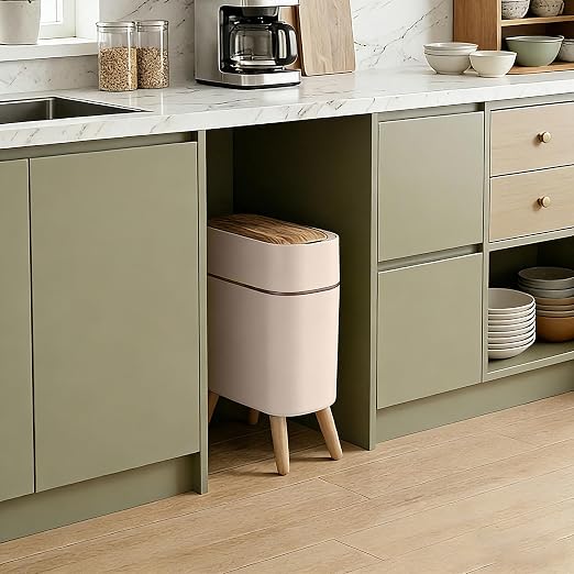 suyika Automatic Trash Can, 2.6 Gallon/10L, Wood Grain Lid and Legs | Bathroom Trash Can with Lid, Touchless, Waterproof Garbage Bin, For Bedroom, Bathroom, Office, Living Room