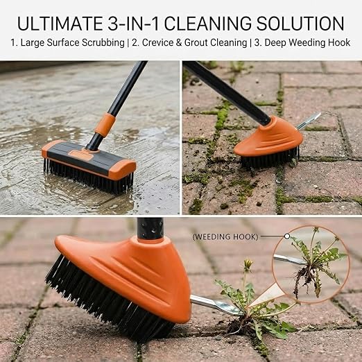 3 in 1 Floor Scrub Brush with Long Handle, Deck Weed Tool | High-carbon steel bristles and versatile heads clear patio moss, concrete stains, and driveway crevices without bending