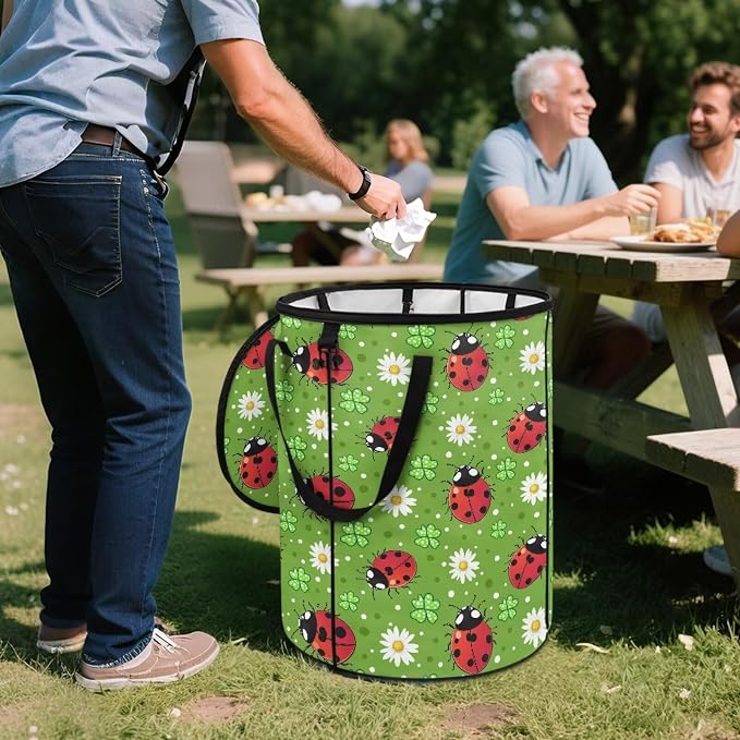 Ladybug 24 Gal Collapsible Trash Can Waterproof Pop-Up Pop up Trash Can for Camping Backyard & Car Travel Easy to Clean Outdoor Garbage Bin Reusable Camping Essentials