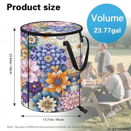 Blooming Flower 24Gal Collapsible Trash Can w/Lid & Sorting Clips Multifunctional Camping Recycling Bin Waterproof Reusable Pop-Up Trash Bag for Outdoor Party Hiking 18x18x23 in