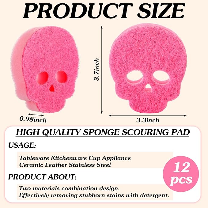 Tioncy 12 Pack Halloween Skull Kitchen Sponges, Black, White, Pink | Dual Sided Scrubber, Gothic Halloween Decor, Reuseble Non Scratch Dishwashing, for Cookware Pot Boiler Pan Household