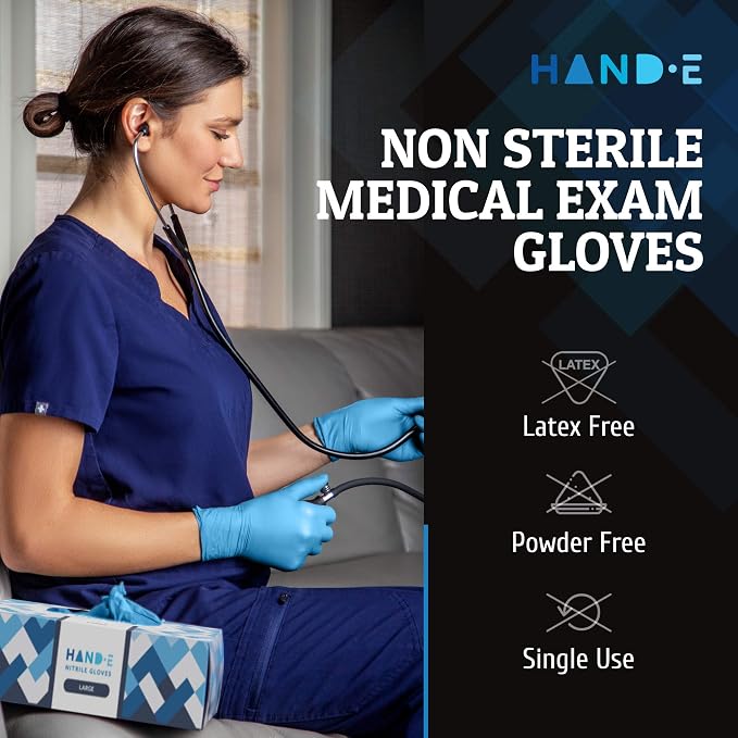 Hand-E Touch Blue Nitrile Disposable Gloves - Latex Free Medical Exam Gloves, Powder Free, Food Safe, Cooking