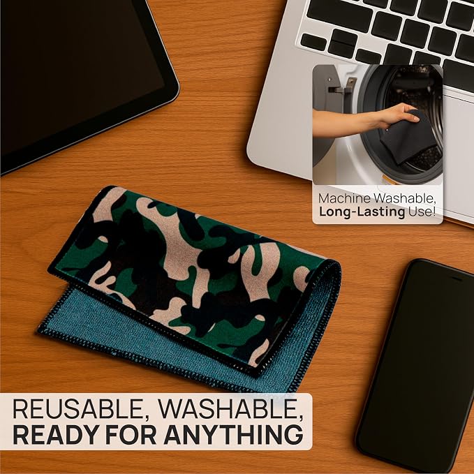 Microfiber Wholesale Quick Cloth Glasses Cleaning Cloths – 5x7 Camo 2-Pack | with Case | Double-Sided Lens Cleaner for Eyeglasses, Camera, Screens & Glass | Reusable Microfiber Glass Polishing Cloths