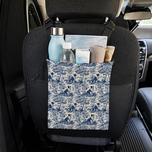 Chinoiserie Border Collie Car Trash Bag Hanging for Back Seat | Blue and White Dog Canvas Drawstring Car Garbage Bag with Adjustable Buckle Vehicle Trash Can