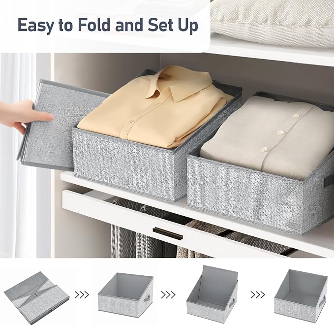 DIMJ Closet Storage Bins 10 Pack - Fabric Trapezoid Closet Organizer Bin, Foldable Storage Baskets for Shelves, Closet Shelf Organizer, Clothing Storage Box for Toys, Books, Towel, Clothes, Gray