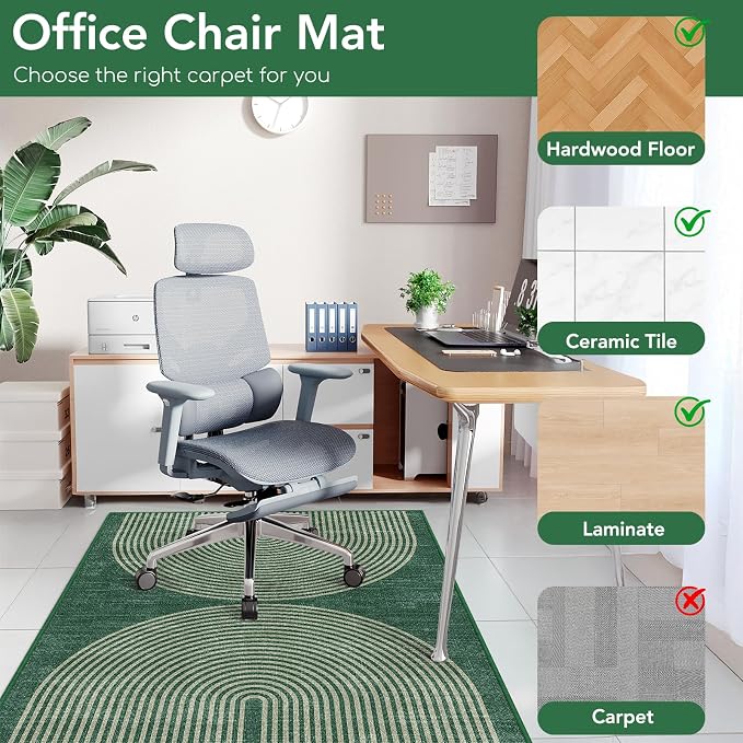 Office Chair Mat for Hardwood Floor&Tile Floor,48"X 60"-Geo Green | Heavy Duty Desk Chair Mat for Hard Floors,Under Desk Rug for Rolling Computer Chair,Anti Slip,Low Pile Carpet Floor