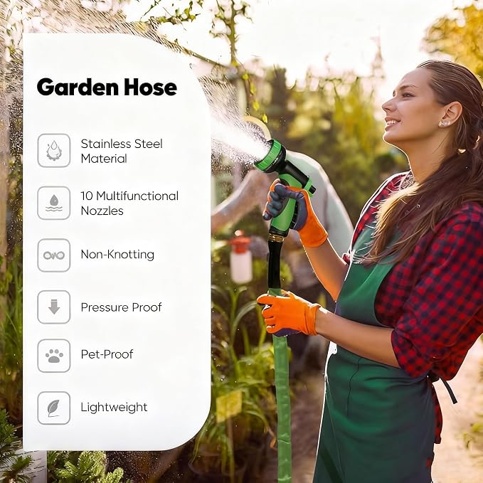 50ft Garden Hose with 10 Spray Patterns, Non-Expandable, Tangle-Free PVC