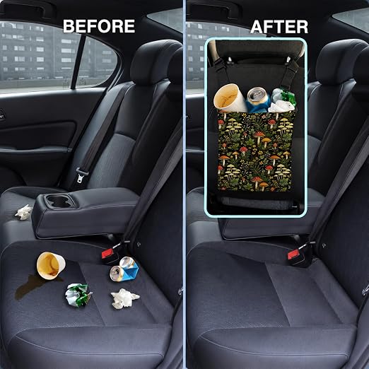 Cottagecore Mushroom Car Trash Bag Hanging for Back Seat | Rustic Forest Plant Floral Canvas Drawstring Car Garbage Bag with Adjustable Buckle Vehicle Trash Can