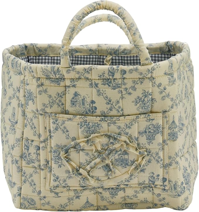 Quilted Fabric Storage Basket with Handles & Pocket, Foldable Laundry Hamper Boho Floral Print Organizer Bin for Home, Picnic, Office 12"x10"x10" (B-3)