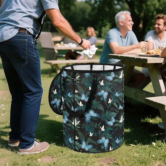 Blue Butterfly 24 Gallons Collapsible Camping Trash Can with Lid Waterproof Pop Up Garbage Can for Outdoor Large Capacity Reusable Trash Bin for Yard Lawn Garden Garbage Bag