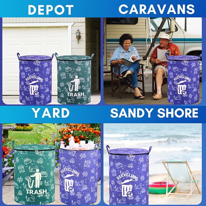 30 Gallon Collapsible Trash Can for RV Camping, Zip Lid | Portable, reusable. For RV, recycling, yard waste, leaf bag, toy bin, hiking, travel, weeds. Folds flat for storage.