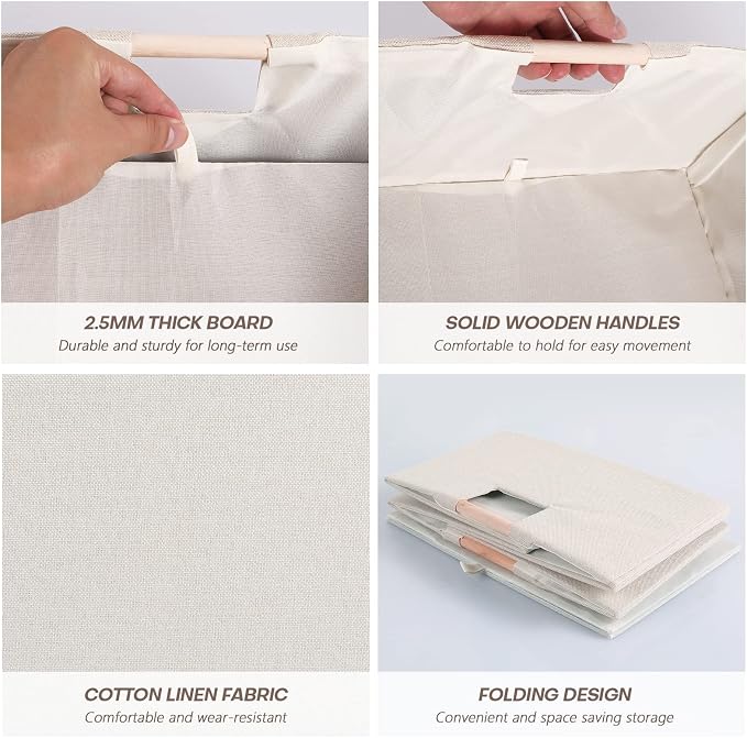Fabric Storage Box, 13x9in Foldable Cotton Linen Basket with Wooden Handle | Small Rectangular Cube Decorative Home Laundry Organizer Clothes Blanket Container Organizing Clothes Sheets Jeans, Beige