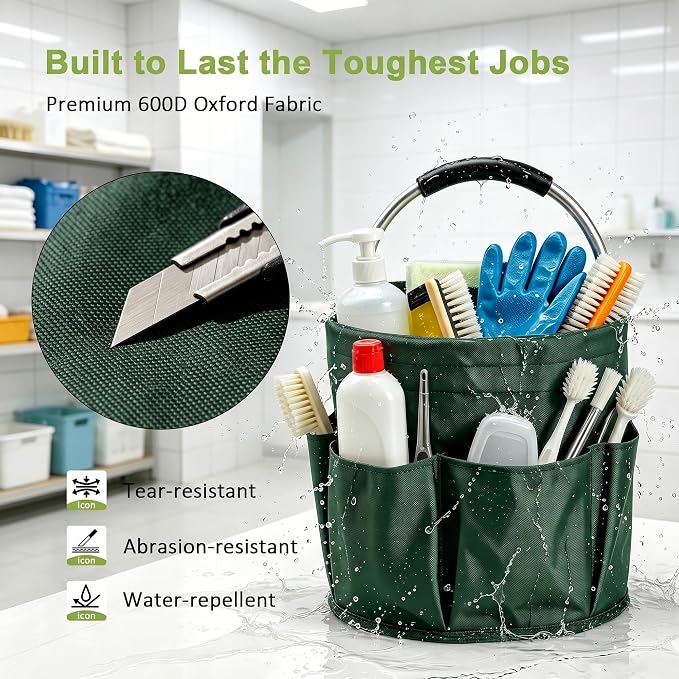 Cleaning Caddy with Handle, 17L Cleaning Supplies Organizer in 600D Oxford Fabric, Foldable Storage Basket with 6 Pockets, Portable Cleaning Bucket Bag for Home, Garden, Camping, Green