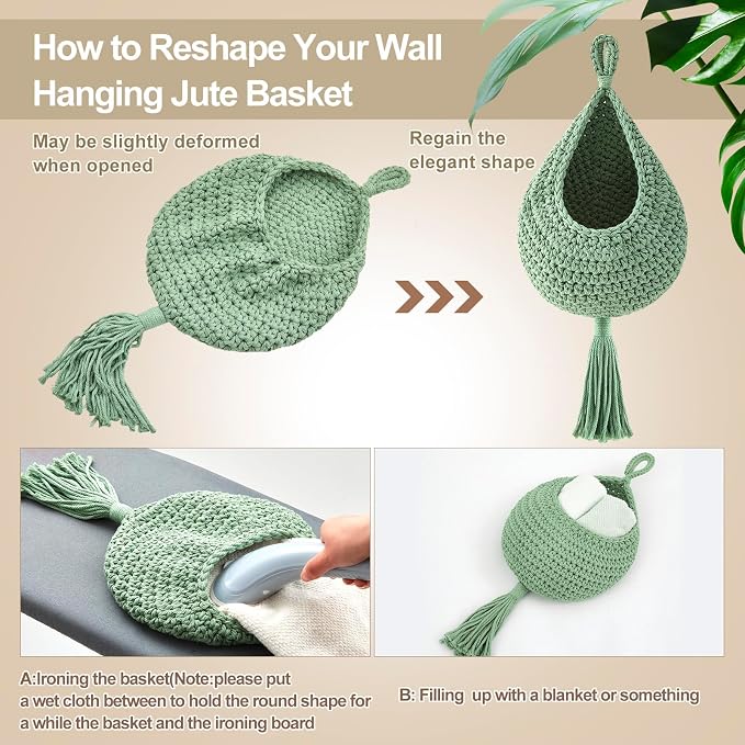 3 Hanging Baskets,Sage Color Palette,Tassel,Cotton Rope | Wicker Wall Baskets with Hooks for Fruit Vegetable Onion Storage, Teardrop Organizer for Kitchen, Boho Farmhouse Decor